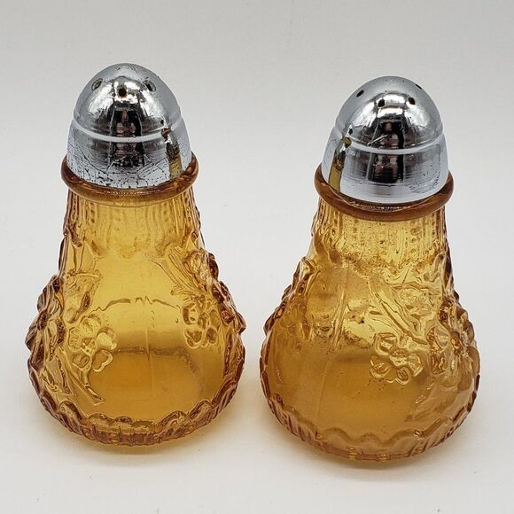 Viking Vintage Amber Glass Daisy Flowers Chrome Lid Salt & Pepper Shaker Set - Picture 5 of 11